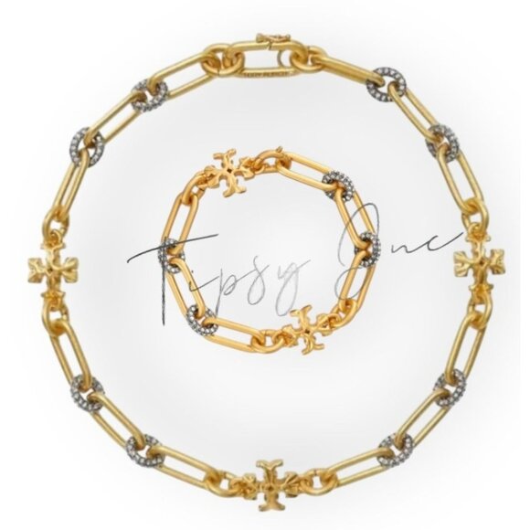 TORY BURCH ROXANNE CHAIN ​​PAVÉ SHORT NECKLACE & BRACELET SET - Picture 1 of 7